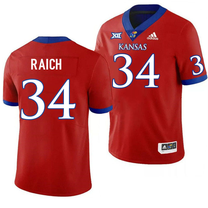 Men #34 Alex Raich Kansas Jayhawks College Football Jerseys Stitched Sale-Red
